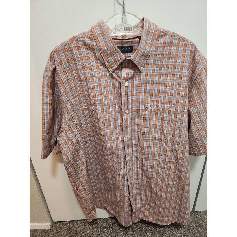 Arrow 1851 Men’s XL Cotton Summer Prep Button Up Plaid Sleeve Shirt Orange/Blue